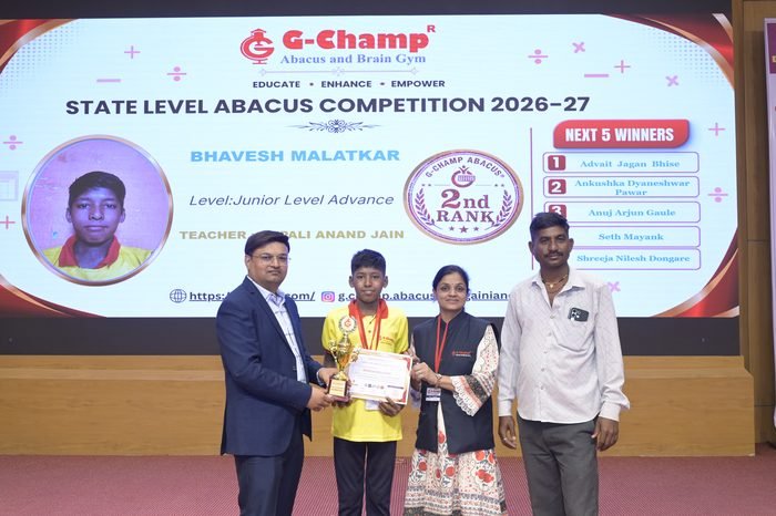 Bhavesh Malatkar — 2nd Rank, Junior Level Advance, at the G-Champ State Level Abacus Competition 2026