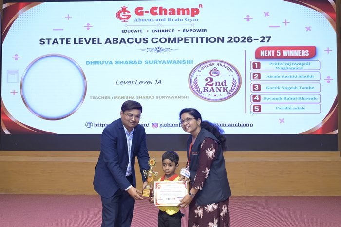 Dhruva sharad Suryawanshi — 2nd Rank, Level 1A, at the G-Champ State Level Abacus Competition 2026