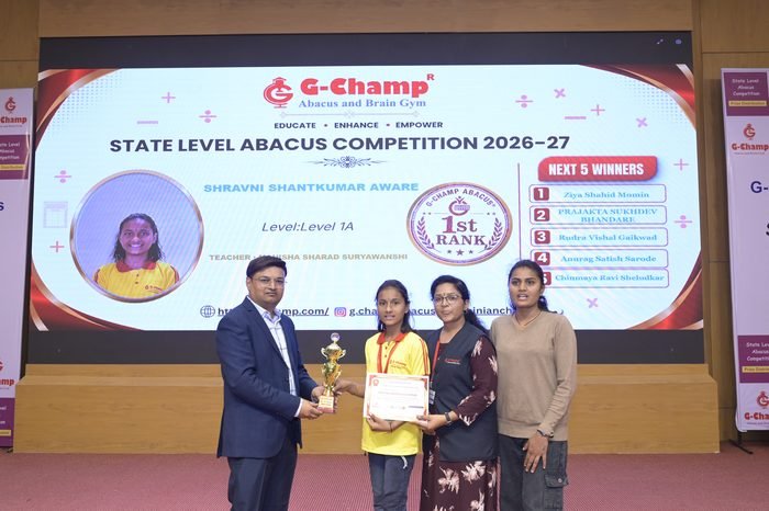 Shravni shantkumar aware — 1st Rank, Level 1A, at the G-Champ State Level Abacus Competition 2026