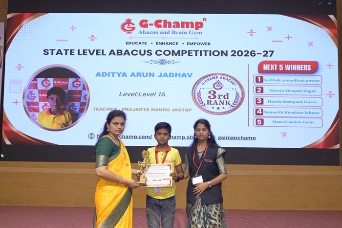 Aditya Arun Jadhav — 3rd Rank, Level 1A, at the G-Champ State Level Abacus Competition 2026
