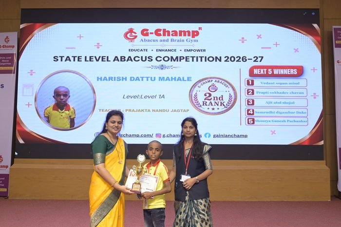 Harish Dattu mahale — 2nd Rank, Level 1A, at the G-Champ State Level Abacus Competition 2026