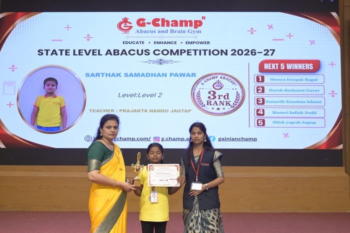 Sarthak samadhan pawar — 3rd Rank, Level 2, at the G-Champ State Level Abacus Competition 2026