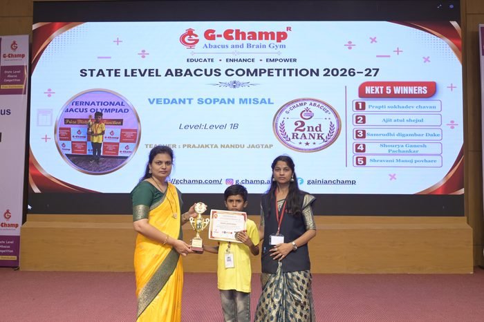 Vedant sopan misal — 2nd Rank, Level 1B, at the G-Champ State Level Abacus Competition 2026