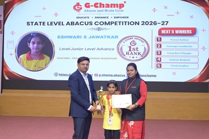 Eshwari S Jawatkar — 1st Rank, Junior Level Advance, at the G-Champ State Level Abacus Competition 2026
