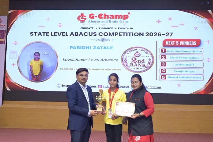 Paridhi zatale — 2nd Rank, Junior Level Advance, at the G-Champ State Level Abacus Competition 2026