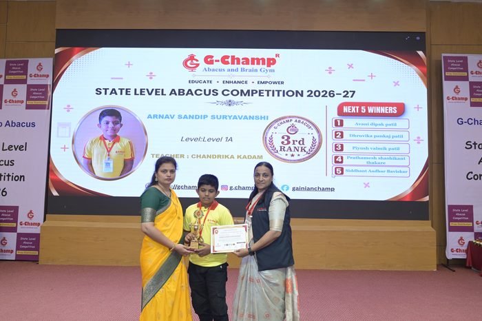 Arnav sandip suryavanshi — 3rd Rank, Level 1A, at the G-Champ State Level Abacus Competition 2026