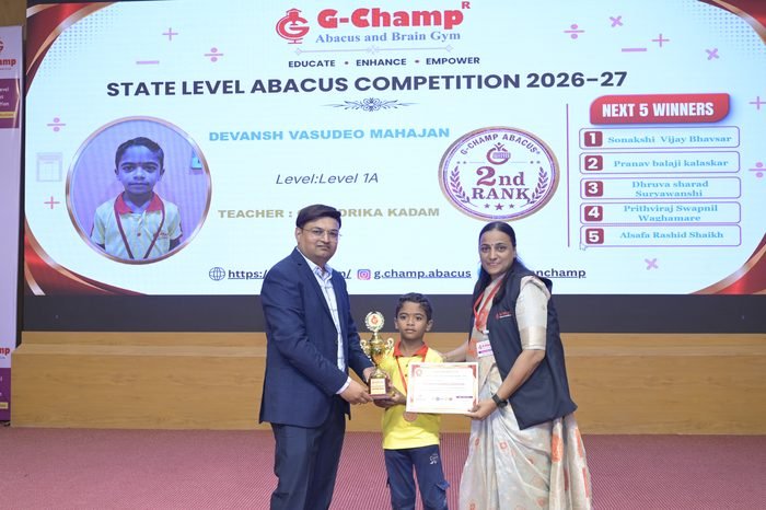 Devansh vasudeo Mahajan — 2nd Rank, Level 1A, at the G-Champ State Level Abacus Competition 2026