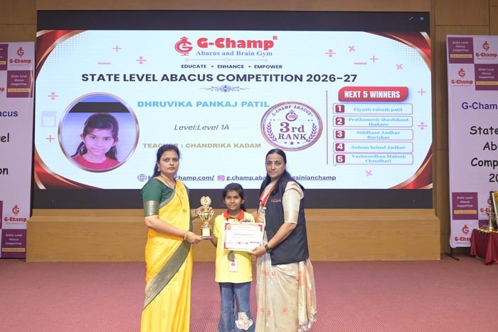 Dhruvika pankaj patil — 3rd Rank, Level 1A, at the G-Champ State Level Abacus Competition 2026