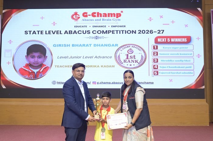 Girish Bharat Dhangar — 1st Rank, Junior Level Advance, at the G-Champ State Level Abacus Competition 2026