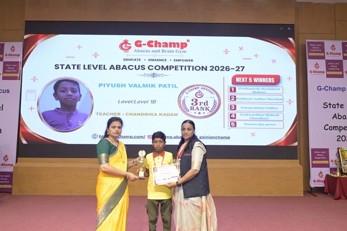 Piyush valmik patil — 3rd Rank, Level 1B, at the G-Champ State Level Abacus Competition 2026