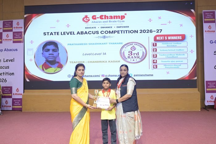 Prathamesh shashikant thakare — 3rd Rank, Level 1A, at the G-Champ State Level Abacus Competition 2026