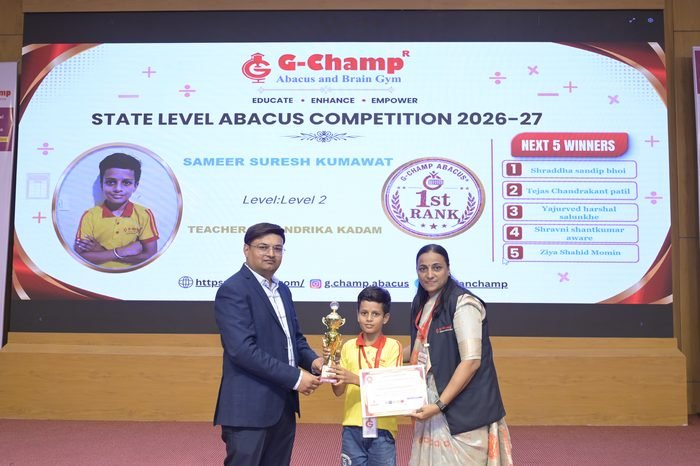 Sameer suresh kumawat — 1st Rank, Level 2, at the G-Champ State Level Abacus Competition 2026
