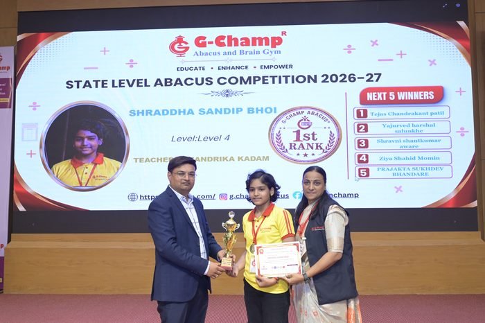 Shraddha sandip bhoi — 1st Rank, Level 4, at the G-Champ State Level Abacus Competition 2026