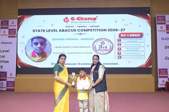 Soham krinal Jadhav — 3rd Rank, Junior Level Advance, at the G-Champ State Level Abacus Competition 2026