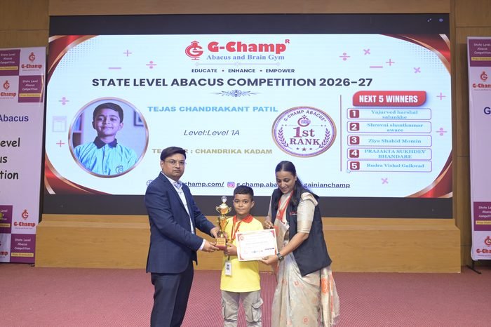 Tejas Chandrakant patil — 1st Rank, Level 1A, at the G-Champ State Level Abacus Competition 2026