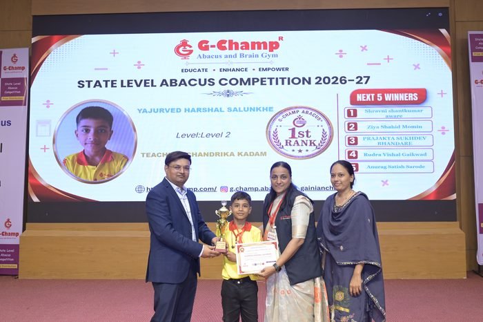 Yajurved harshal salunkhe — 1st Rank, Level 2, at the G-Champ State Level Abacus Competition 2026