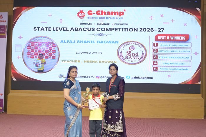Alfaj Shakil Bagwan — 2nd Rank, Level 1B, at the G-Champ State Level Abacus Competition 2026