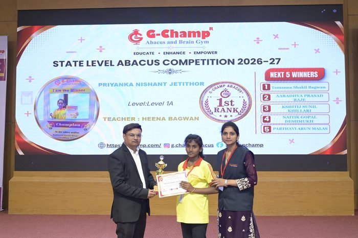 Priyanka Nishant Jetithor — 1st Rank, Level 1A, at the G-Champ State Level Abacus Competition 2026