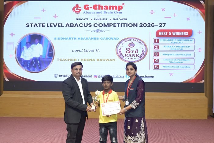 Siddharth Abasaheb Gaikwad — 3rd Rank, Level 1A, at the G-Champ State Level Abacus Competition 2026
