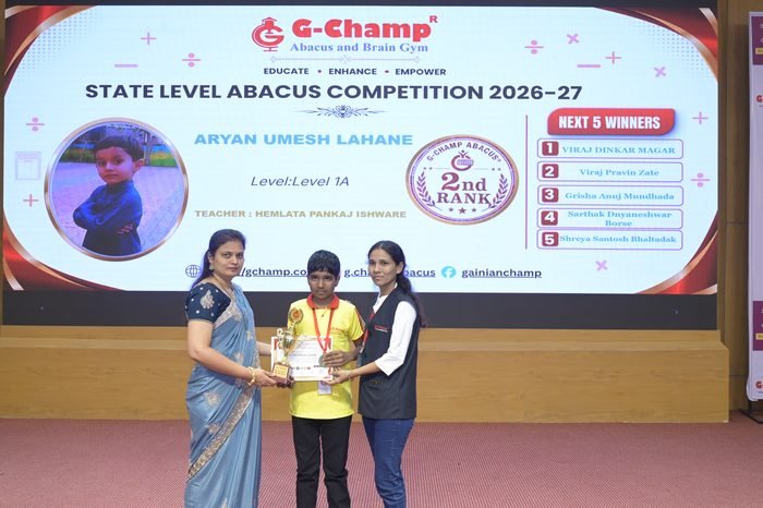ARYAN UMESH LAHANE — 2nd Rank, Level 1A, at the G-Champ State Level Abacus Competition 2026