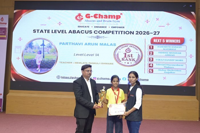 PARTHAVI ARUN MALAS — 1st Rank, Level 1A, at the G-Champ State Level Abacus Competition 2026