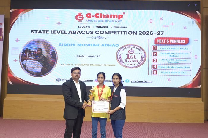 SIDDHI MONHAR ADHAO — 1st Rank, Level 1A, at the G-Champ State Level Abacus Competition 2026
