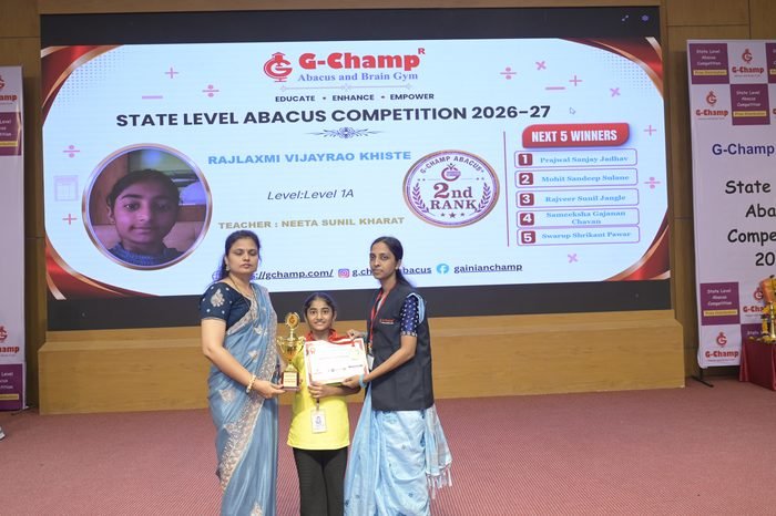 Rajlaxmi vijayrao khiste — 2nd Rank, Level 1A, at the G-Champ State Level Abacus Competition 2026