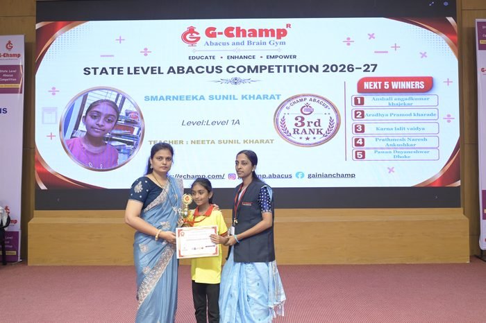Smarneeka sunil kharat — 3rd Rank, Level 1A, at the G-Champ State Level Abacus Competition 2026