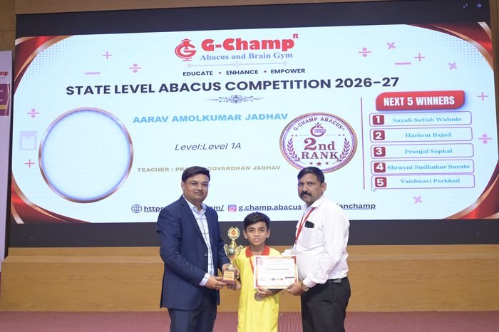 Aarav Amolkumar Jadhav — 2nd Rank, Level 1A, at the G-Champ State Level Abacus Competition 2026