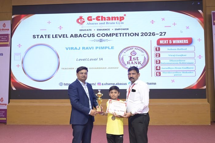 Viraj Ravi Pimple — 1st Rank, Level 1A, at the G-Champ State Level Abacus Competition 2026