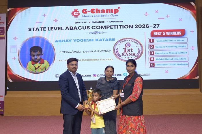 Abhay Yogesh Katare — 1st Rank, Junior Level Advance, at the G-Champ State Level Abacus Competition 2026