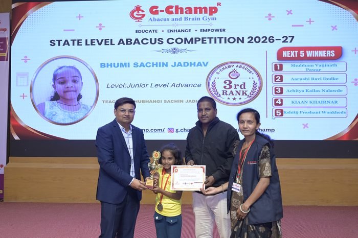 Bhumi Sachin Jadhav — 3rd Rank, Junior Level Advance, at the G-Champ State Level Abacus Competition 2026
