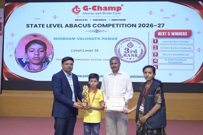 Shubham Vaijinath Pawar — 3rd Rank, Level 1A, at the G-Champ State Level Abacus Competition 2026