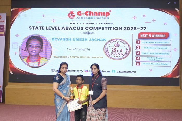 Devansh Umesh jachak — 3rd Rank, Level 1A, at the G-Champ State Level Abacus Competition 2026