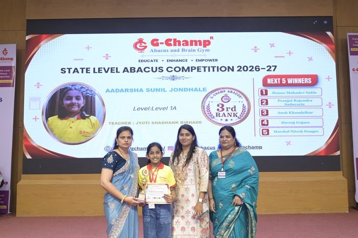 Aadarsha sunil jondhale — 3rd Rank, Level 1A, at the G-Champ State Level Abacus Competition 2026