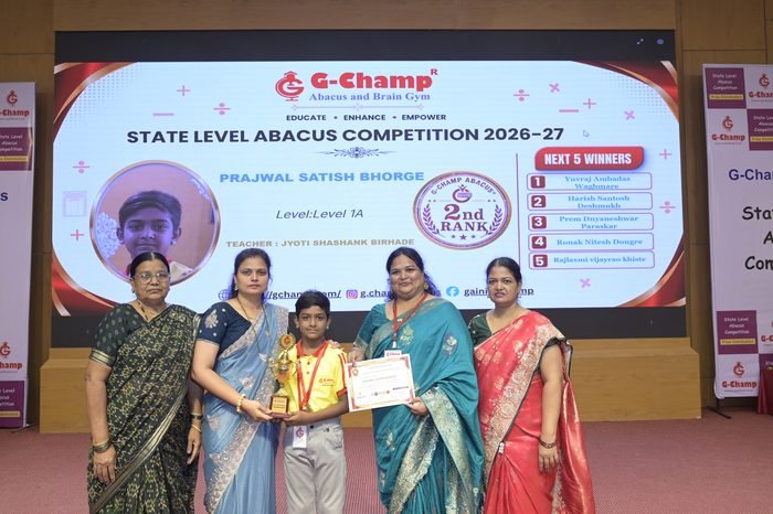 Prajwal satish bhorge — 2nd Rank, Level 1A, at the G-Champ State Level Abacus Competition 2026