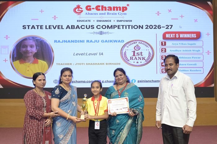 Rajnandini Raju Gaikwad — 1st Rank, Level 1A, at the G-Champ State Level Abacus Competition 2026