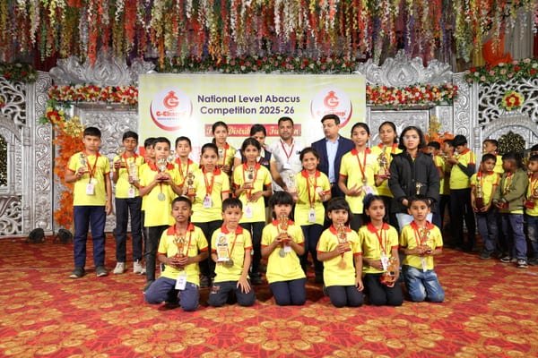 Group of G-Champ student champions with their medals and trophies at the National Level Abacus Competition